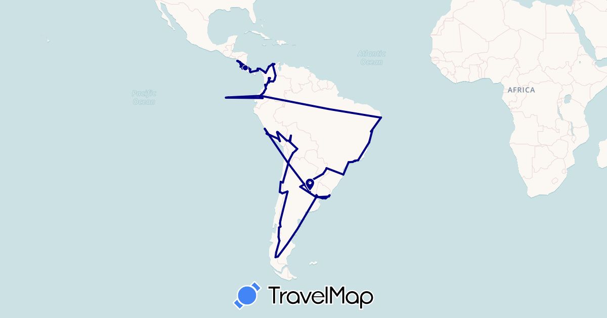 TravelMap itinerary: driving in Argentina, Bolivia, Brazil, Chile, Colombia, Costa Rica, Ecuador, Nicaragua, Panama, Peru, Paraguay, Uruguay (North America, South America)
