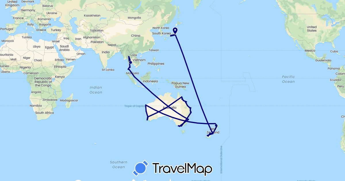 TravelMap itinerary: driving in Australia, Japan, New Zealand, Singapore, Thailand (Asia, Oceania)